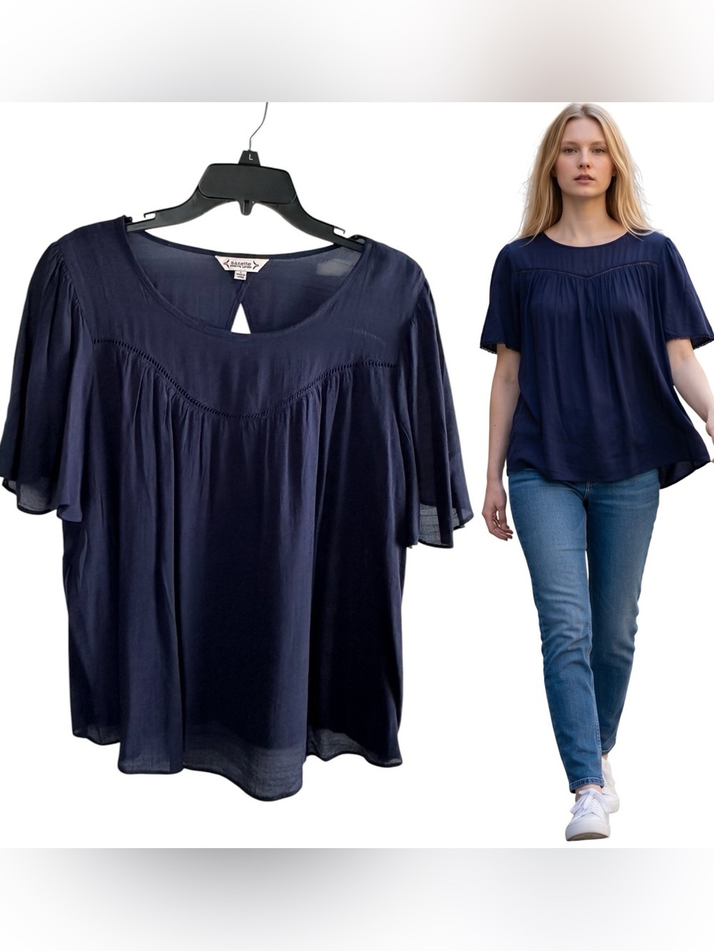 Nanette Lepore Navy Flutter Sleeve Blouse Size L Keyhole Back Cutout Loose Fit
